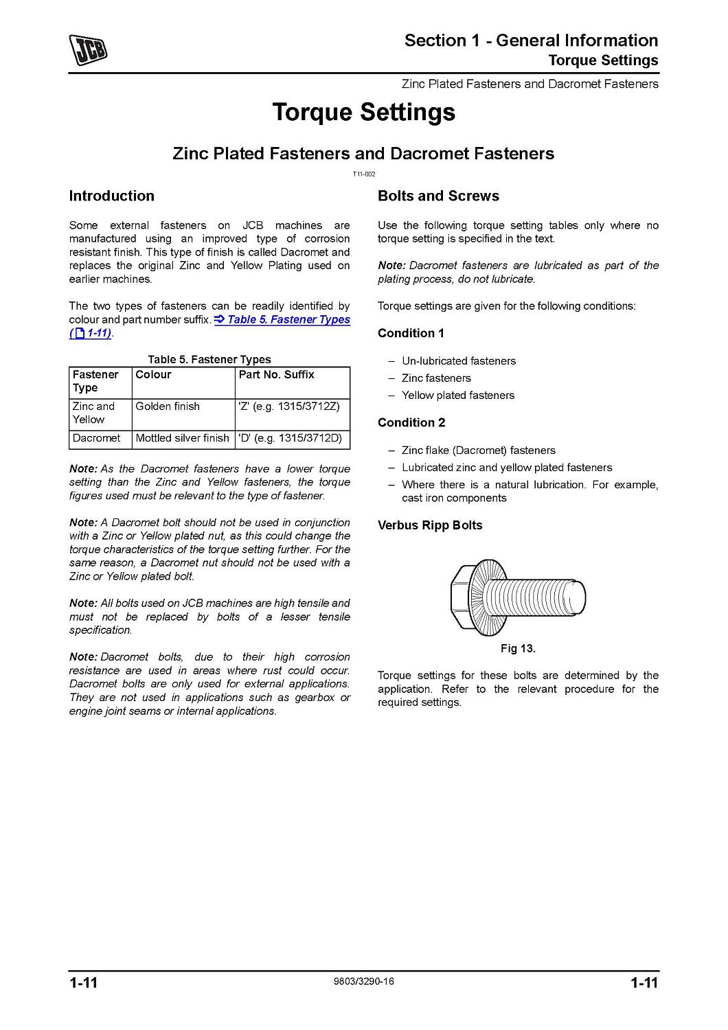Настройки моментов затяжки для деталей с цинковым и дакрометным покрытием JCB